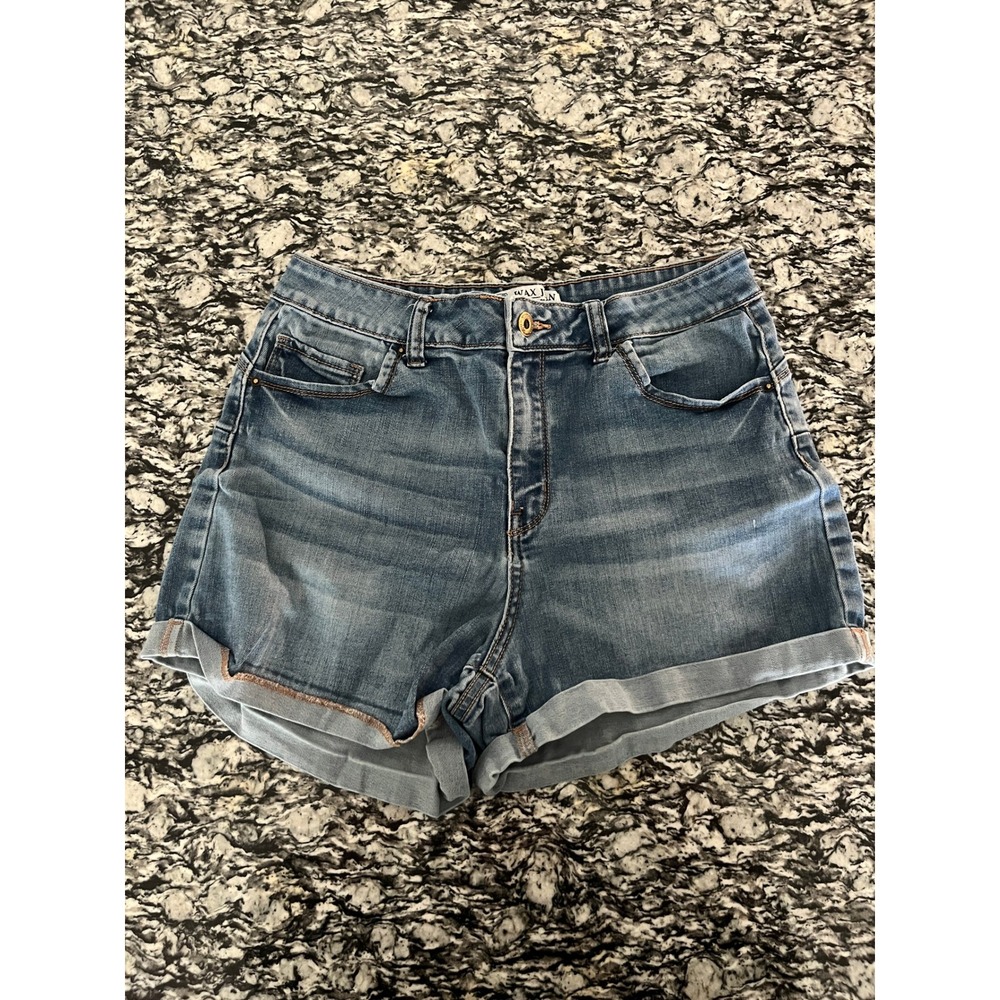 Wax Jean Butt I Love You Denim Shorts Medium Wash Cuffed High Rise Blue Large